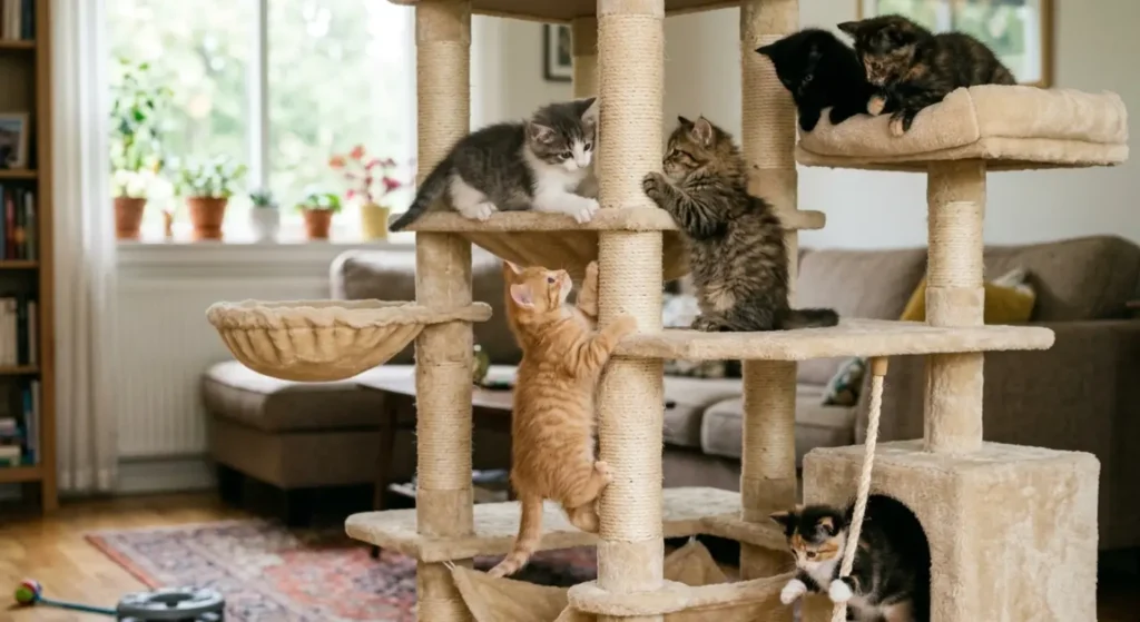 Kittens playing in cat tree