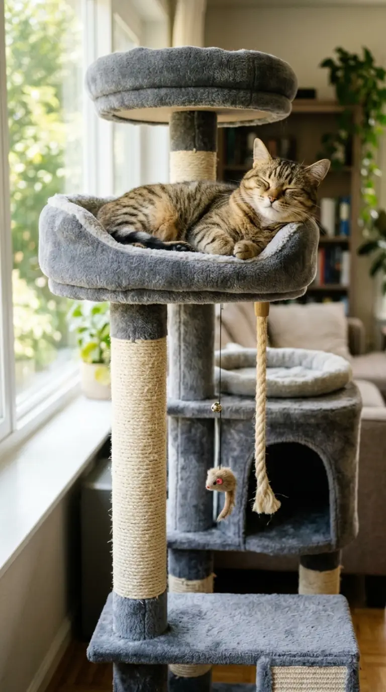 cat sleeping in cat tree vertical