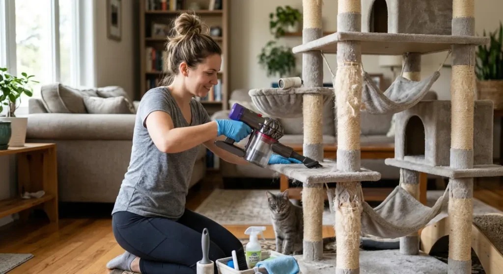 woman cleaning cat tree